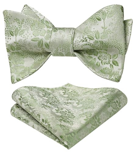 HISDERN Herren Fliege und Einstecktuch Set Selbstgebundene Salbeigrün Blumen Fliege für Anzug Hochzeit Feier
