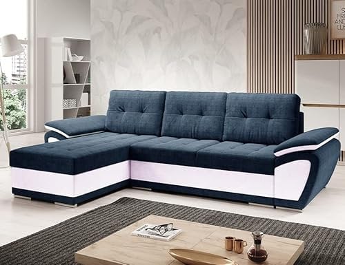 Easy4You ENZO Marineblau/Weiß Ecksofa L-Form Links 268 x 97 x 157 cm mit Schlaffunktion und Stauraum - Schlafsofa mit Bettkasten - Moderne Wohnzimmermöbel – Stoff: SORO 76 + Soft 17