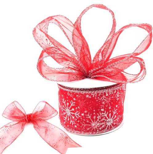 NOCHME Cinta De Navidad Para El Arbol Con Alambre, 6.3cm Ancha Copo De Nieve Brillantes Ribbons Decorativas Para Decoración De Navidad Y Manualidades, 10 Yardas, Rojo