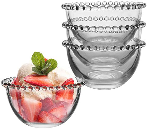 Beaded Glass Bowl Set - Bella Perle Dinner Set for 4 Vintage Style Frilled Edge Dessert Bowls - Four Person Durable Glass Tableware Dinner Service Crockery Set Alfesco Dining Glassware