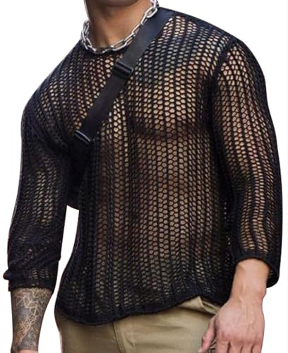 AIEOE Herren Durchsichtige Oberteile Sexy Clubwear Männer Netz Hemd Langarm Dünnes Spitze Shirt