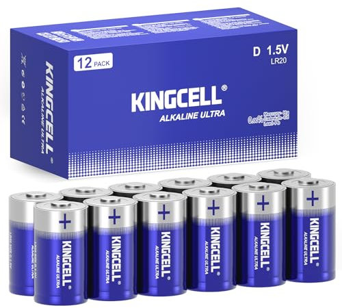 KINGCELL Batterie a D, confezione da 12, potente batteria a celle D, durata 7 anni, batteria alcalina a lunga durata da 1,5 V, per torce, radio, orologi, stereo, ecc.