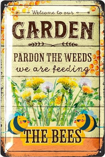 LANOLU Retro Blechschild Garten - Kein Unkraut, WIR FÜTTERN HIER BIENEN - Garten Schilder für draußen, Schilder für den Garten, Gartenschilder, lustige Metallschilder Garten 20x30cm