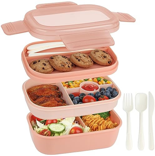Globright Bento Box Adult Lunch Box,3 Layer Stackable Bento Lunch Containers for Adults, Lunch Box with Compartments for Adults & Kids, 55 oz Large Capacity Built-in Utensil (Pink)