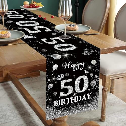 Tischläufer 50. Geburtstag Mann Schwarz Silber Happy 50th Birthday Tischband zum 50 Geburtstag für Ihn Ihr Sie Frauen Jahrestag Feier Party Dinner Tisch Leinen Tischdecke Deko Zuhause Küche, 180x35 cm