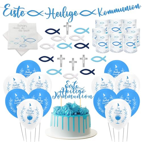 139 Stück Kommunion Deko, Kommunion Deko Junge Tischdeko Kommunion, Holz Fische Deko, Windlicht Fisch, Servietten, Luftballons, Konfirmation Deko für Servietten Taufdeko Tisch Deko