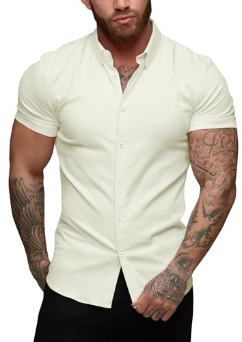URRU Men's Muscle Dress Shirts Slim Fit Stretch Short Sleeve Casual Button Down Shirts for Men Beige M