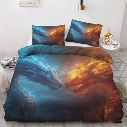 GEDAEUBA Drache Bettwäsche 135x200 - EIS und Feuer Drachenmotiv Bettbezug 135 x 200 2er Set, Wendebettwäsche und Kissenbezug 80x80, Weiche & Angenehme Mikrofaser Bettwäsche-Sets mit Reißverschluss