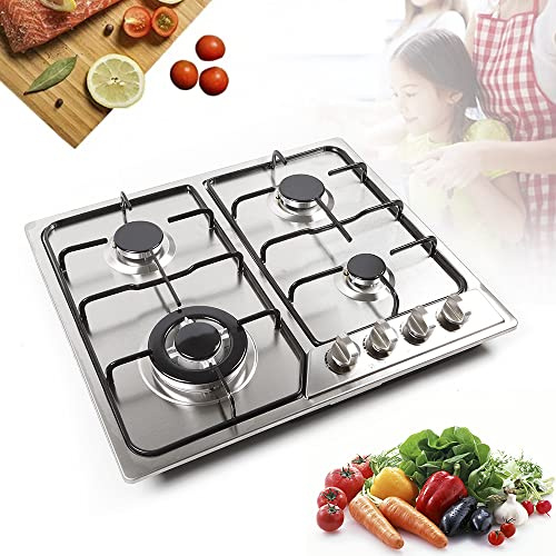 23 Inch Gaskochfeld 4 Flammig Gas Stove Einbau Gas Herd mit Automatischem Flammenschutz Gasherd Edelstahl Gaskocher Gas Kochfeld für Erdgas & Propangas