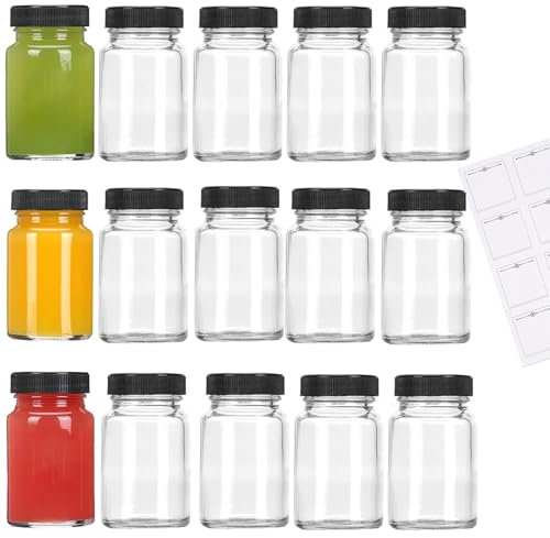 JORTINE 15 botellas de 60 ml para rellenar, pequeñas botellas de cristal con tapa y etiquetas, mini frascos de cristal, tarros de jengibre, tarros reutilizables de boca ancha para zumo, batidos
