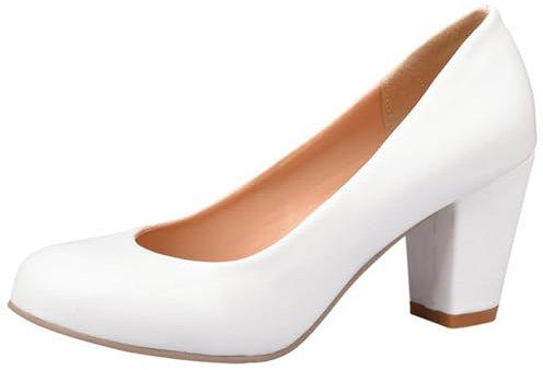 Asterisco Damen Blockieren Fersenpumps Höhe Ferse Schuhe Runde Zehen Ohne Verschluss Elegant Party Schuhe, Q12607Oa Weiß Gr 43 EU/45Cn