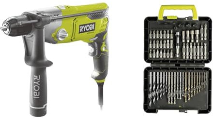 RYOBI - Perceuse Filaire à Percussion 220V, 1200W - 2 Vitesses, Inverseur de Rotation - Mandrin 13mm & Coffret 60 accessoires de perçage et de vissage - RAK60DDF