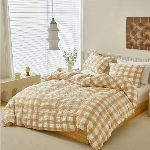 Boqingzhu Seersucker Bettwäsche 135x200cm Gelb Weiß Kariert Karo Vintage Kühlende Sommer Wende Bettwäsche Set Microfaser Bettbezug und Kissenbezug 80x80cm mit Reißverschluss