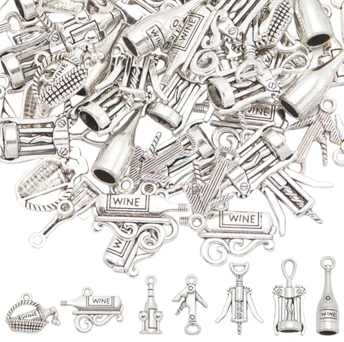 SUNNYCLUE 1 Box 70Pcs 7 Styles Wine Charms Alloy Wine Charm Bulk Tibetan Antique Silver Opener Bottle Summer for jewellery Making Charms Supplies DIY Crafting Necklace Bracelet Earring Adults Party