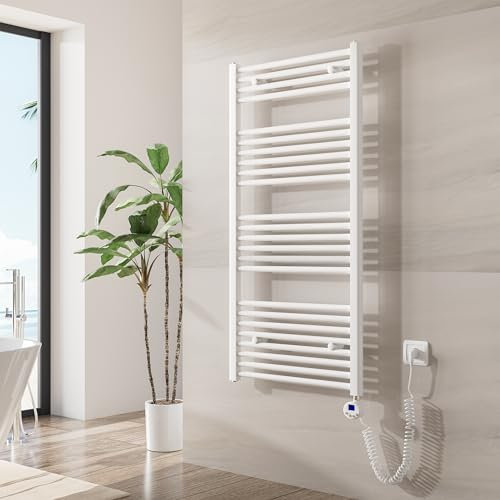 Heilmetz Badheizkörper Elektrisch mit Heizstab 600W Leistung 1200 x 600 mm Weiß Gerade Bad Heizkörper Handtuchwärmer Handtuchtrockner mit Thermostat Timer