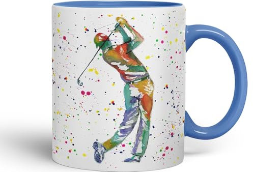 Vixar Golfer Golf Sport Watercolour Hobby Ceramic Coloured Mug Cup for Tea Coffee Hot Brew 330ml 11Oz Gift (C Blue)