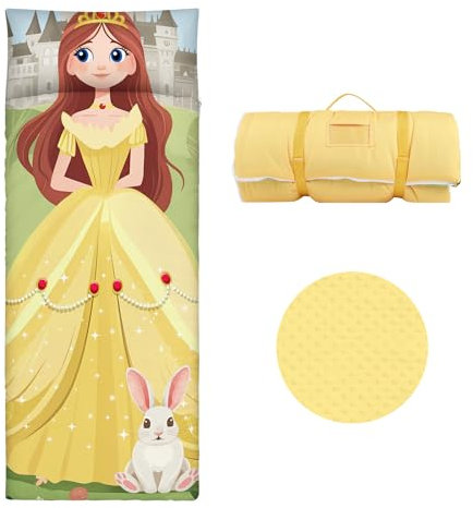 Schlafsack Kinder Doppelter Reißverschluss Warm, Faltbare Kinderschlafsack mit Kissen Abnehmbar für Mädchen Jungen, Leicht Reinigen Schlafsack für Outdoor Indoor Camping, 150×60cm Gelbe Prinzessin