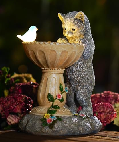 Solar-Katzenstatue, Ornament mit Vogeltränke, wasserdichte Harz-Skulptur mit Solar-Vogellichtern, Gartenkatze, Geschenke für Frauen/Mutter/Oma, Dekoration – Grau