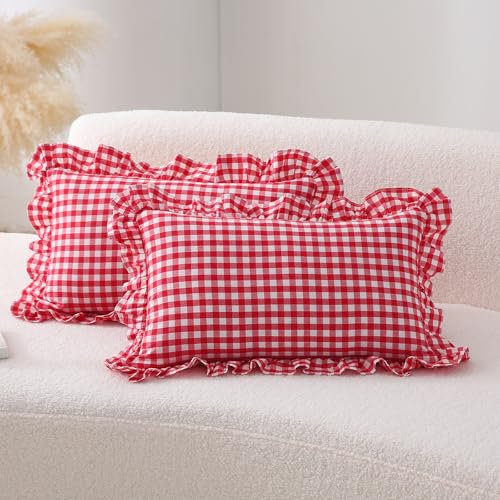 K MASANIJI Lendenkissenbezüge mit Rüschen, kariert, 30,5 x 50,8 cm, Gewaschene Baumwolle, kariert, Bauernhaus, Reißverschluss, für Bett/Sofa, 2 Stück (Lumbar, Rot/Weiß kariert)