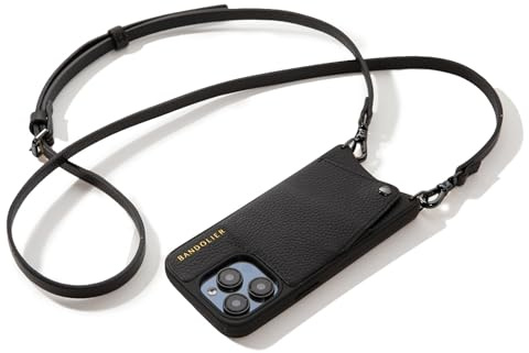 Bandolier Emma Crossbody Wallet Phone Case for iPhone 16 Pro. 100% Genuine Pebble Leather. Adjustable & Removable Crossbody Strap. Card Holder with Snap Closure. Black with Pewter Hardware