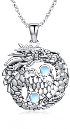 DAYLINLOVE Drachen Halskette S925 Sterling Silber Mondstein Drachen Anhänger Halskette Vintage Tai Chi Halskette Chinesischer Drachen Schmuck Geschenk für Frauen Männer
