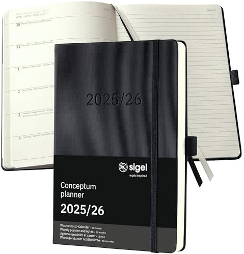 SIGEL C2603 Terminplaner Wochennotiz-Kalender 2025/2026 A5, schwarz, Hardcover, 256 Seiten, Gummiband, Stiftschlaufe, Archivtasche, nachhaltiges Papier, 18-Monatskalender, Kalenderbuch Conceptum