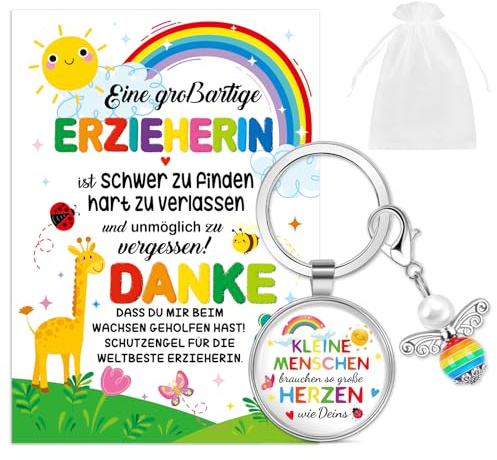 HOWAF Abschiedsgeschenk Erzieherin, Schutzengel Schlüsselanhänger Erzieherin mit Herz & Karte, Organza Beutel für Kindergarten Abschiedsgeschenk, Erzieher Geschenk Lehrerin Abschied, A