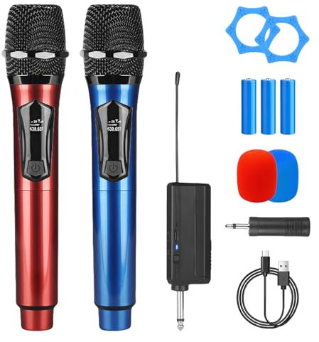 BORDEAG Microfono senza fili, 2 pezzi Microfoni senza fili con ricevitore ricaricabile, microfono karaoke, doppio microfono per karaoke, matrimonio, riunioni, feste, chiesa