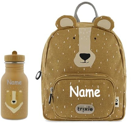 Elefantasie Personalisierter Kinderrucksack von Trixie mit Name für Kindergarten und Kita optional mit Trinkflasche (Rucksack + 350ml Flasche, Bär)