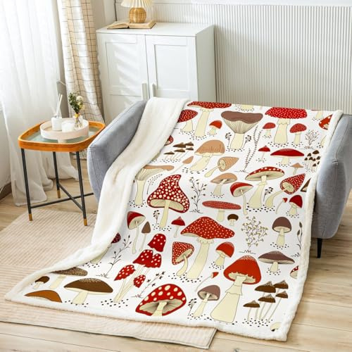 Homemissing Cartoon Pilze Dekoration Kuscheldecke Niedliche Pilze Decke 130x150cm für Kinderzimmer Dekoration Kawaii Pilz Wohndecke Wilder Pilzartikel Rot