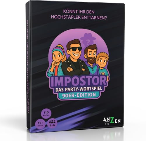 IMPOSTOR – 90er Jahre Edition | Lustiges Partyspiel für Erwachsene, Familie & Freunde | Wer enttarnt den Hochstapler? | Nostalgie als Kartenspiel inkl Hilfsbegriffe mit 27 Runden á 6 Begriffe am Stück