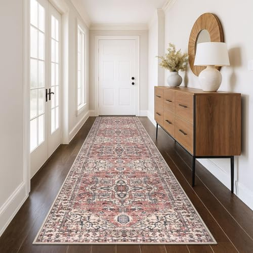 KOZYFLY Läufer für Flur, 91 x 366 cm, extra lang, waschbar, Kunstwolle, dünner Boho-Läufer, Teppich, bedruckt, Eingangsbereich, Schlafzimmer, Treppen, Küche, Wohnzimmer, Flur, Rot Lachs/Rosa