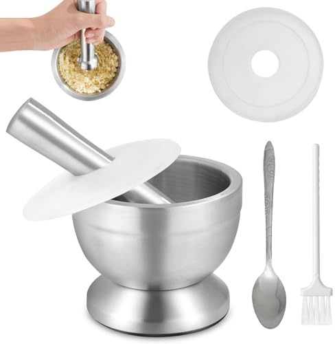 Mortaio con Pestello, Set di Mortaio con Pestello da 250 ml 304 Acciaio Inox, Piccolo Mortaio da Cucina con Pestello, Ciotola di Erbe Pillola, Con Tappo in PE e Tappo in Silicone, per Macinare Spezie
