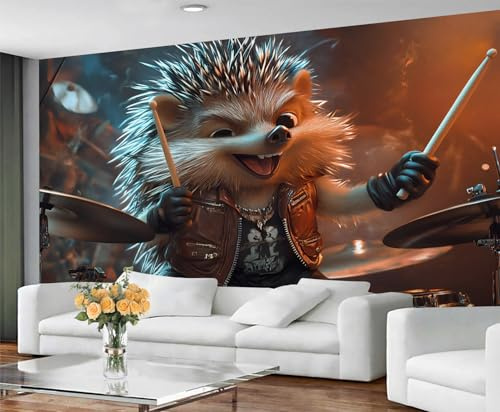 GIVLWF Tapete Musik Wandbild & Wanddekoration, Schlagzeug Set Schlafzimmer Tapete, Lustige Igel Tapete für Wohnzimmer, Nicht Selbstklebend, Wandbilder für Wände