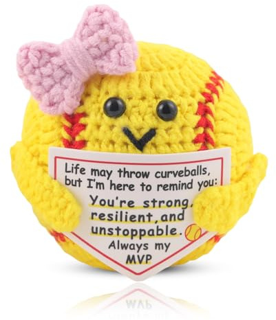 Motivationsgeschenke Gelb Softball 7.5cm, Handarbeit Gehäkelte Emotional Support Softball mit Ermutigungstext, Positives Geschenk für Sportliebhaber Freunde, Motivations Gehäkelte Glücksbringer