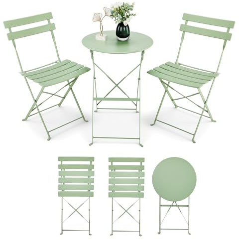 LEADZM Bistroset 3-teilig Klappbar Metall,Bistrotisch mit 2 Klappstühlen Balkonset Gartenmöbel,Wetterfest Sitzgarnitur für Balkon, Garten & Terrasse (Grün)