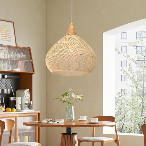 COOINJOY Hängelampe Rattan Pendelleuchte Esstisch Boho Style Vintage Hängeleuchte Geflochten E27 Deckenlampe Rattan für Schlafzimmer Wohnzimmer Esszimmer(Ø50cm)