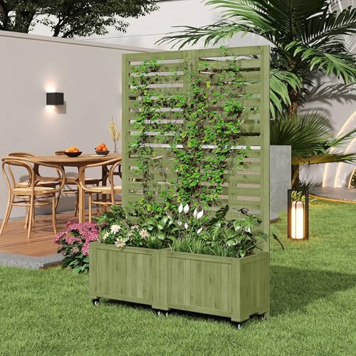 RAPRAP Bac à plantes avec brise-vue, bac à plantes mobile avec treillis, jardinière en bois massif pour fleurs, légumes dans le jardin, sur la terrasse, sur le balcon,Vert