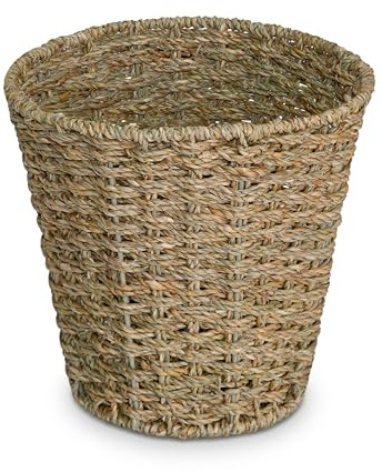 Wickerfield Round Wicker Waste Paper Bin, Small Waste Bin for Bedroom, Woven Waste Paper Basket Bins for Office, Wicker Bedroom Bin, Versatile Wastebasket for Rubbish Trash (Seagrass)