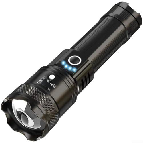 HOHOVYVY Lampe de poche LED rechargeable avec batterie externe, portée de 500 m, étanchéité IPX7, 3 modes stroboscopiques, en aluminium ABS, pour camping, randonnée (D)