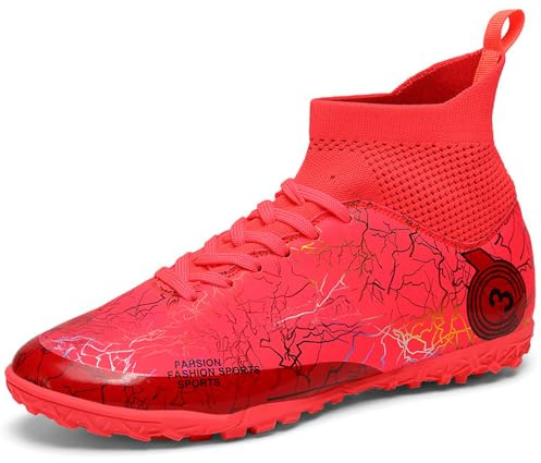 Mokayu Boys Football Boots Kids Firm Ground Soccer Astro Turf Athletics Training Sport Running Futsal Shoe Teenager Indoor Outdoor Profession Competition Football Shoes Unisex Red UK 6