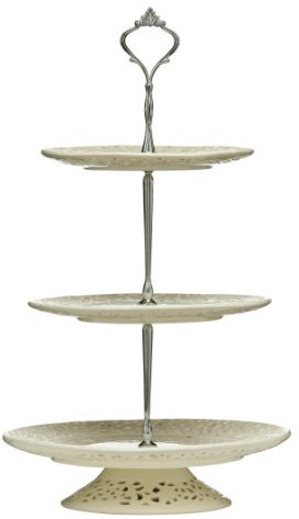 Premier Housewares Ceramic Cake Stand Metal Shaft Cake Stands For Afternoon Tea Ornate Handle Cake Stand 3 Tier Cake Holder (H x W x D): 47 x 28 x 20