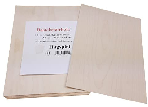 Hagspiel Laubsägeholz, 10 Stk. Sperrholz, Sperrholzplatten, Birke ca. 4 mm DIN A4 (ca. 29,5 cm x 21 cm) ideal zum Basteln, Laserschnitt, Brandmalerei usw.