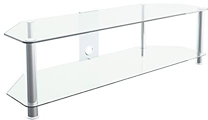 MAHARA Glass Corner TV Stand – Universal Clear Glass TV Unit 140cm wide with Glass Shelf and Cable Management – TV Floor Stand Suitable for up to 65” TVs and Max Weight 60Kg