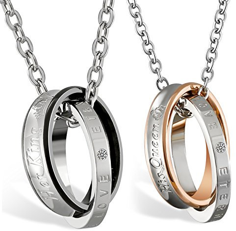JewelryWe Valentinstag Schmuck 2 Freundschaftsketten mit Gravur, Edelstahl Partner-Anhänger Halskette mit His Queen Her King Ringe, Paar Anhänger Kette für Damen Herren, Schwarz Rosegold Silber