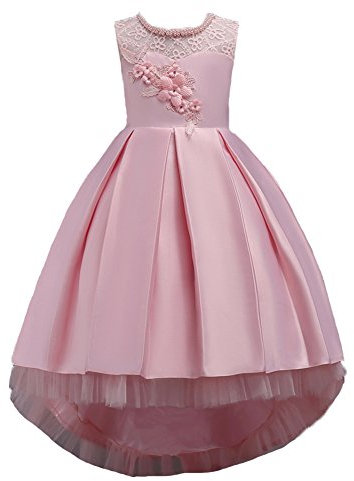 Wulide Enfants Fille Robe de Princesse longue en Dentelle avec Bowknot Demoiselle d'honneur Sans Manches Hi-Lo Robe de Soirée, Rose, 11-12 ans(étiquette 150)