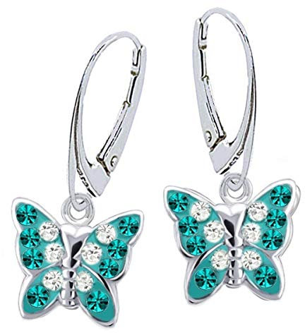 Kristall Schmetterling Klapp-Brisur Ohrringe 925 Echt Silber Mädchen Kinder Ohrstecker Ohrhänger (5) Türkis-Weiss)
