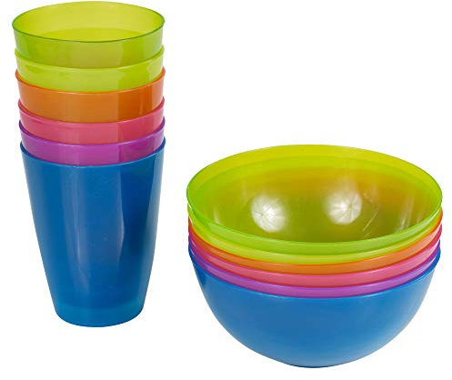 URBNLIVING 12 PCS Multicolour Reusable Plastic Bowls & Cups Set for Breakfast Cereal & Juice