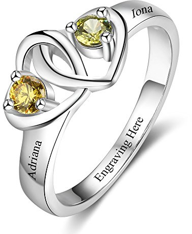 Gaosh Damen Herzform Ring Personalisiert mit 2 Geburtsmonat Zirkonia Stein Geburtsstein & Gravur 2 Namen 925 Sterling Silber Geschenk für Valentine Jahrestag Geburtstag Geschenkbox (60 (19.1))