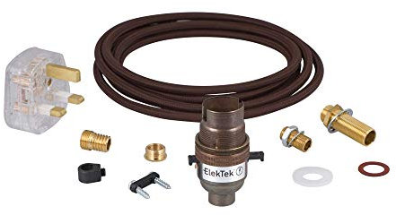 ElekTek Premium Lamp Kit Antique Brass Safety Switch B22 Lamp Holder with Round Brown Flex and 3A UK Plug